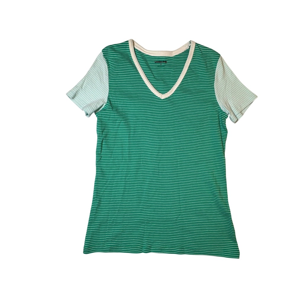 Lands End Womens XS Green White Striped V-Neck Short Sleeve Cotton T-Shirt‎
